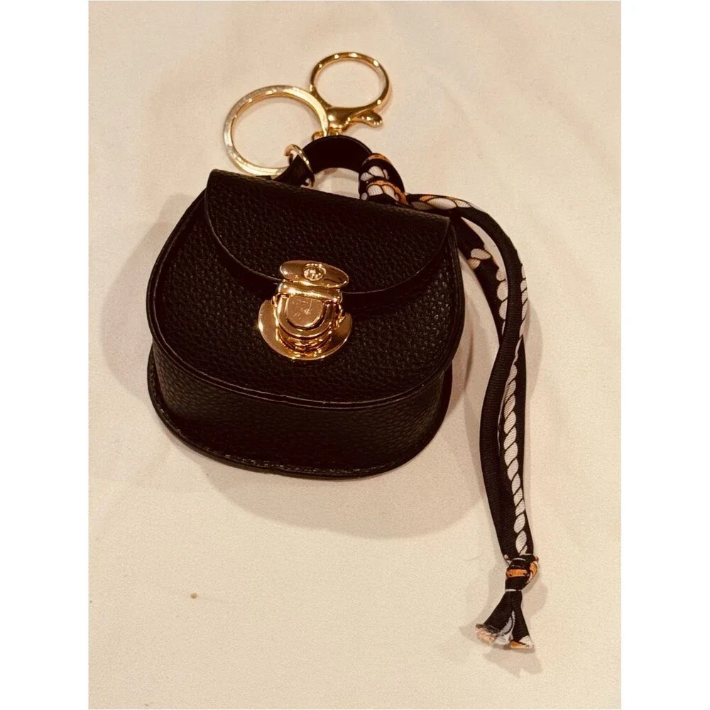 NWT Black Pebbled Mini Saddle Bag Charm Keychain with Twilly Scarf